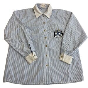 Escada Shirt Womens Medium Blue Striped Button Down Penguin Crest Vintage